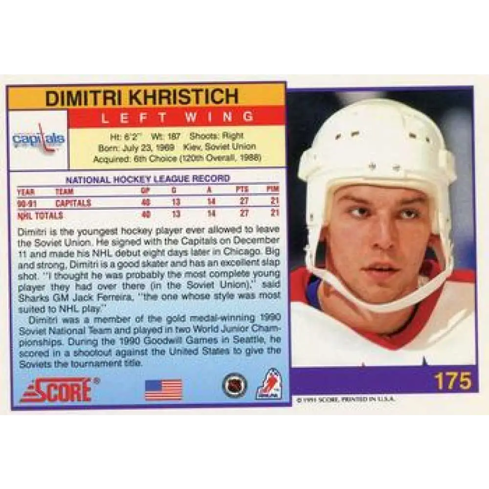 1991-92 Score American #175 Dimitri Khristich NM-MT Washington Capitals Hockey Card Image 2
