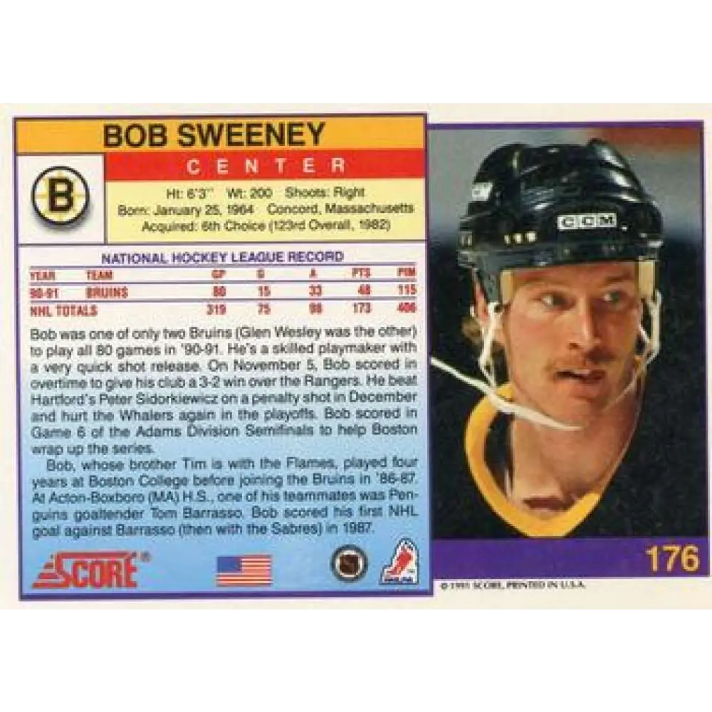 1991-92 Score American #176 Bob Sweeney NM-MT Boston Bruins Hockey Card Image 2