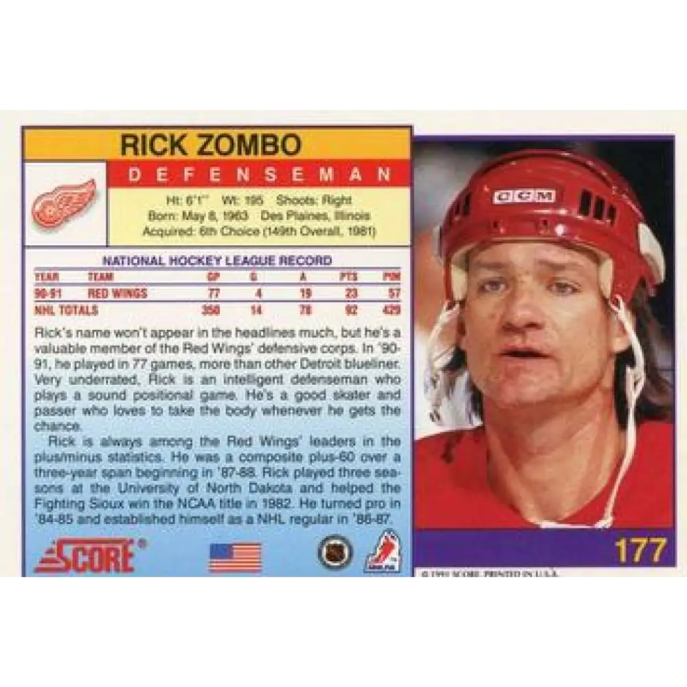 1991-92 Score American #177 Rick Zombo NM-MT Detroit Red Wings Hockey Card Image 2