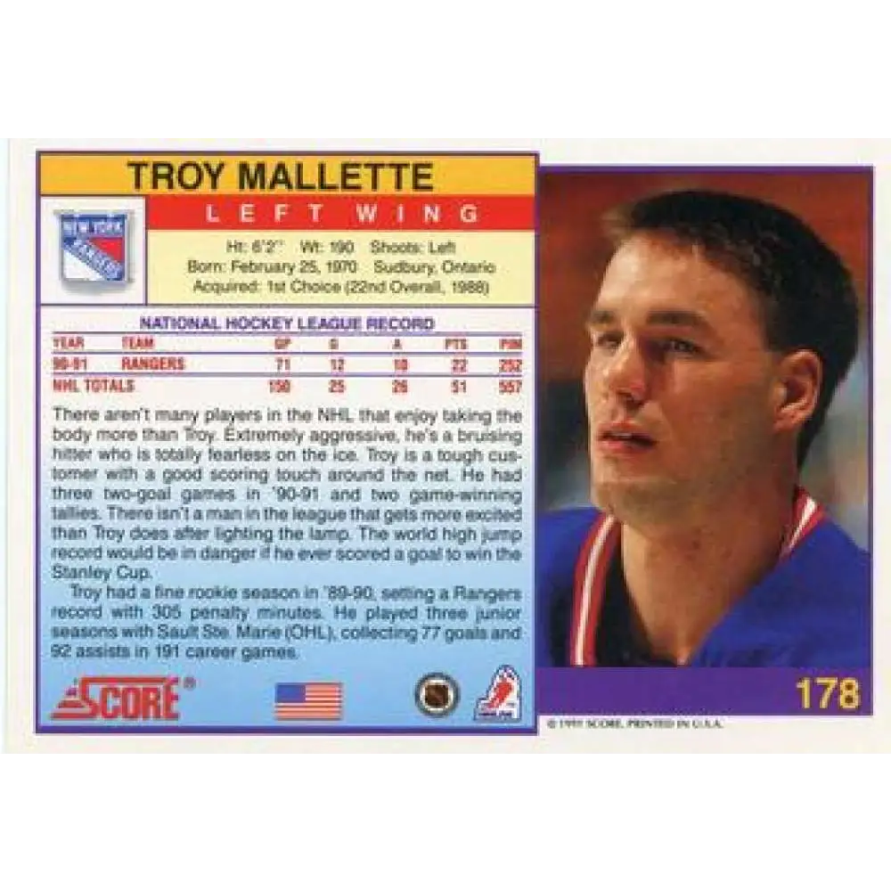1991-92 Score American #178 Troy Mallette NM-MT New York Rangers Hockey Card Image 2