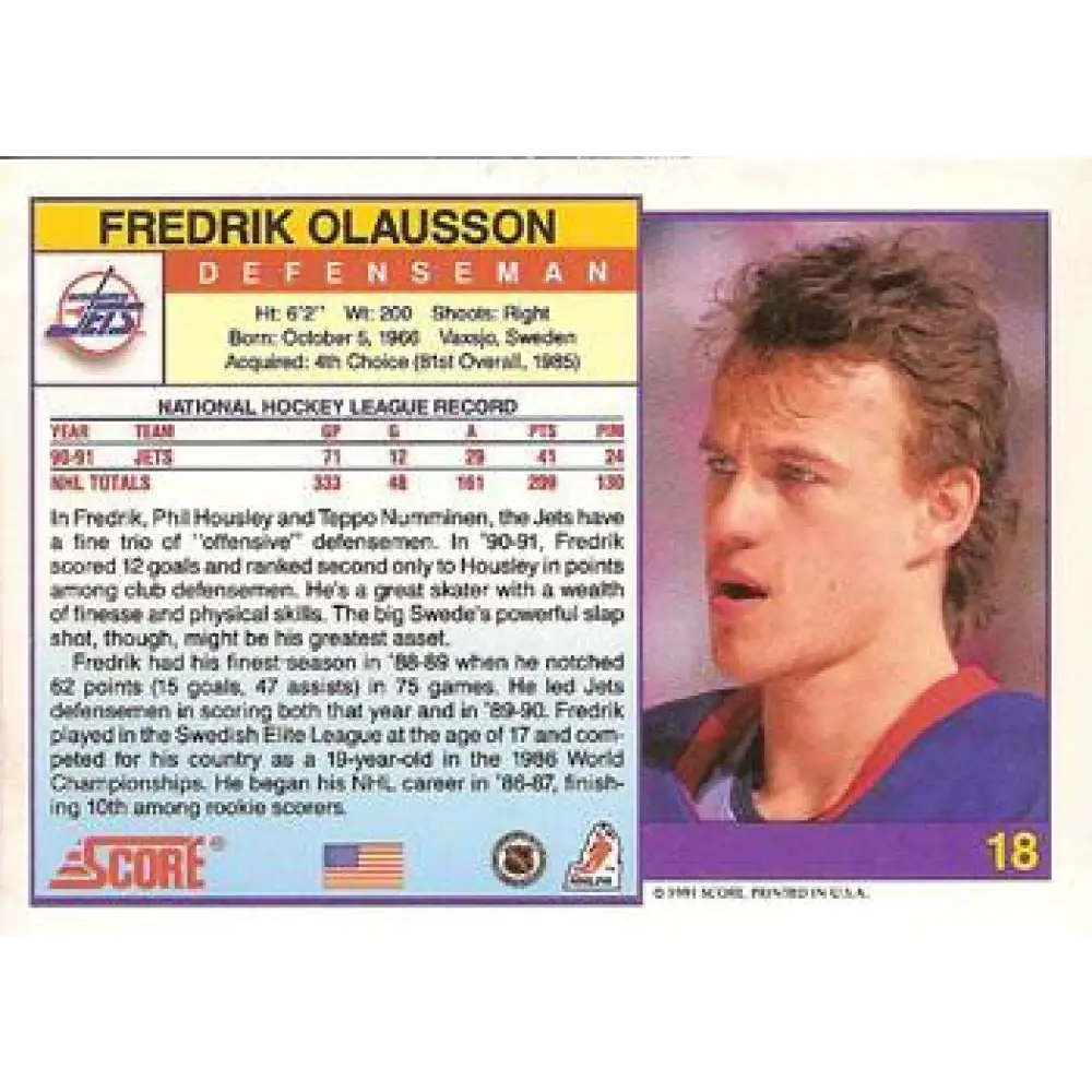 1991-92 Score American #18 Fredrik Olausson NM-MT Winnipeg Jets Hockey Card Image 2