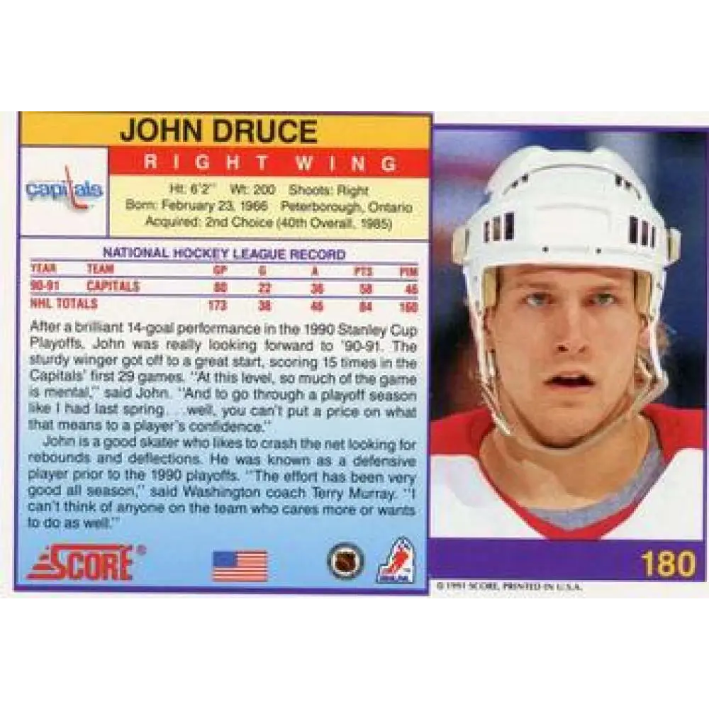 1991-92 Score American #180 John Druce NM-MT Washington Capitals Hockey Card Image 2