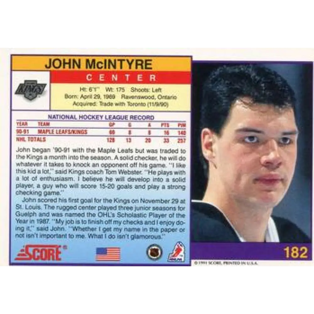 1991-92 Score American #182 John McIntyre NM-MT Los Angeles Kings Hockey Card Image 2