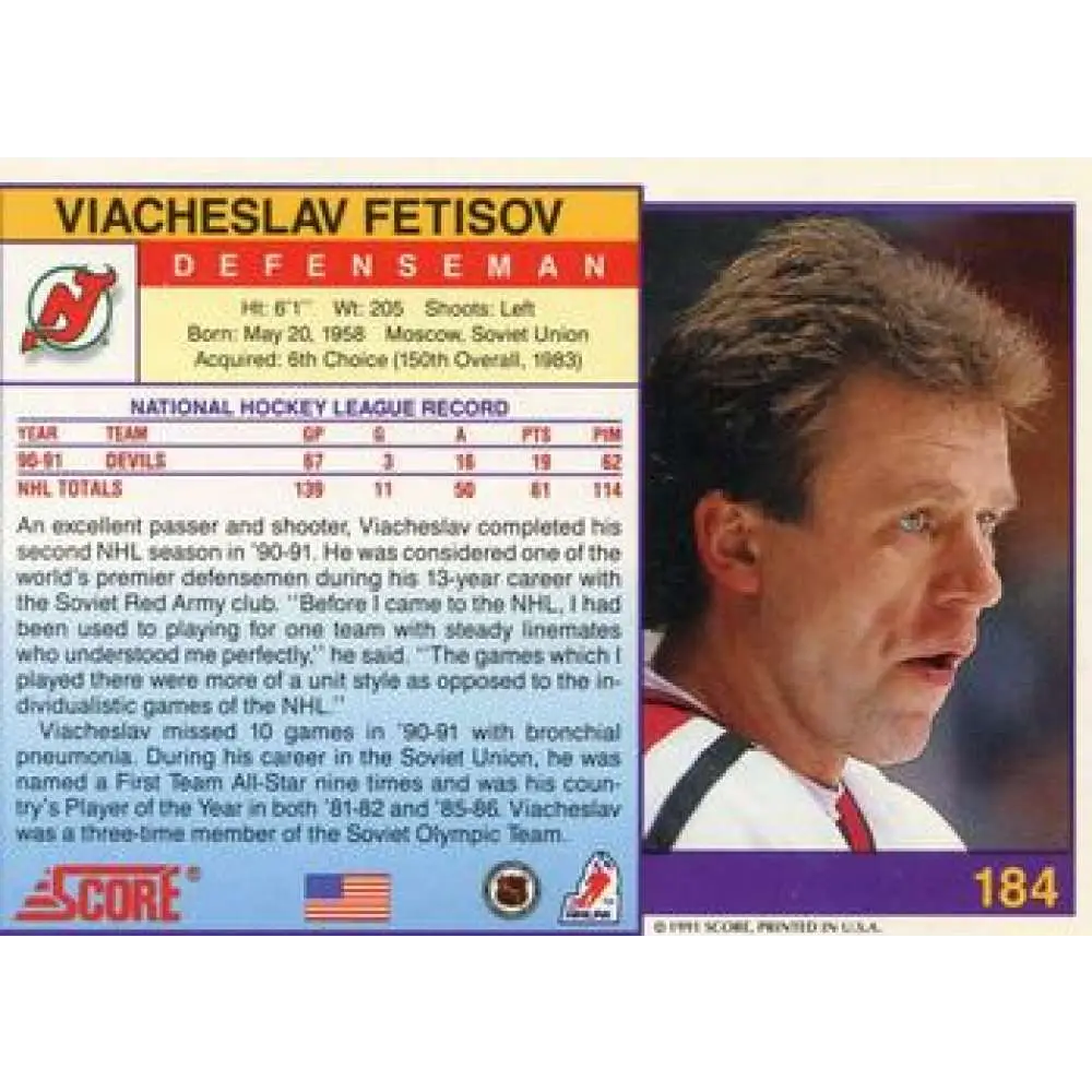 1991-92 Score American #184 Slava Fetisov NM-MT New Jersey Devils Hockey Card Image 2