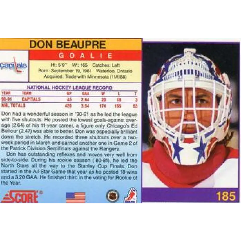 1991-92 Score American #185 Don Beaupre NM-MT Washington Capitals Hockey Card Image 2