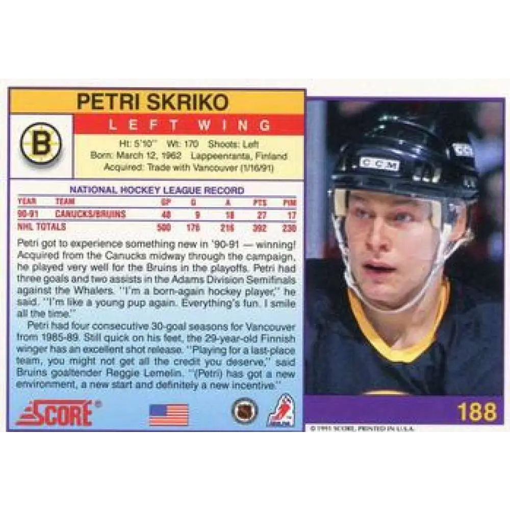 1991-92 Score American #188 Petri Skriko NM-MT Boston Bruins Hockey Card Image 2