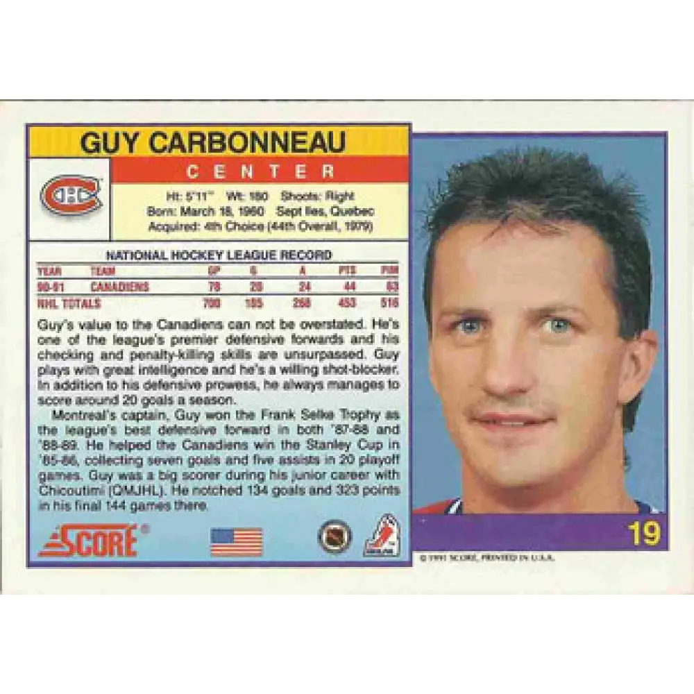 1991-92 Score American #19 Guy Carbonneau NM-MT Montreal Canadiens Hockey Card Image 2