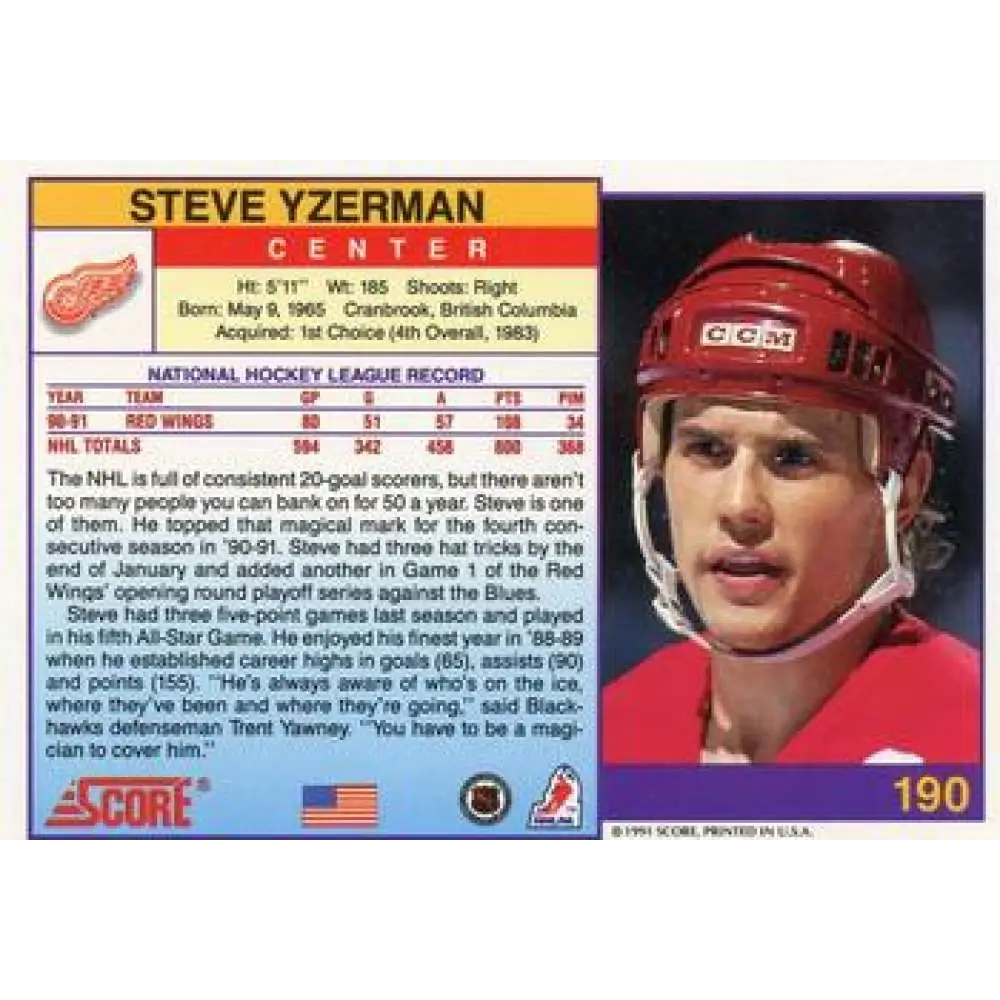 1991-92 Score American #190 Steve Yzerman NM-MT Detroit Red Wings Hockey Card Image 2