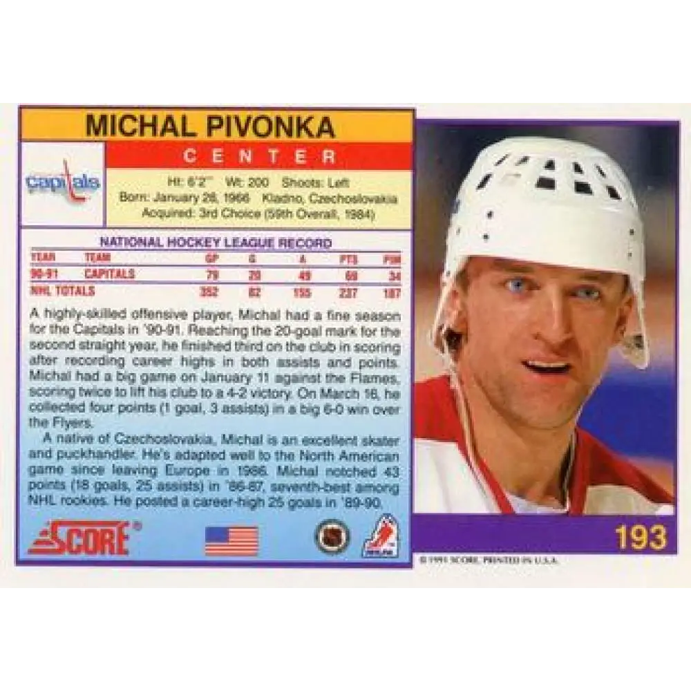 1991-92 Score American #193 Michal Pivonka NM-MT Washington Capitals Hockey Card Image 2