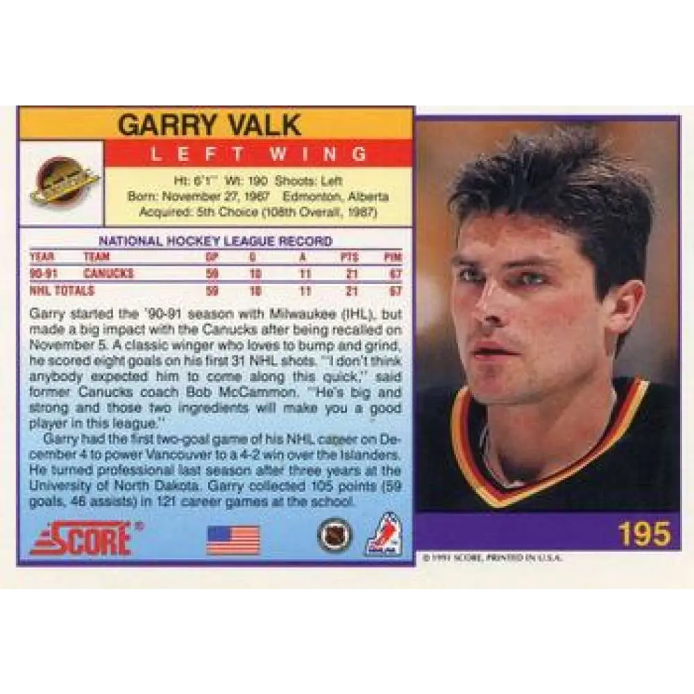 1991-92 Score American #195 Garry Valk NM-MT Vancouver Canucks Hockey Card Image 2
