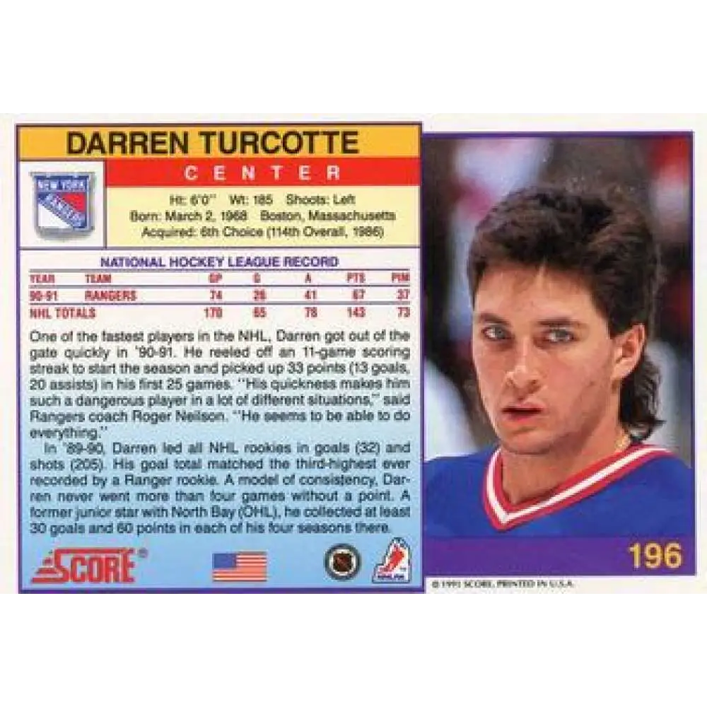 1991-92 Score American #196 Darren Turcotte NM-MT New York Rangers Hockey Card Image 2