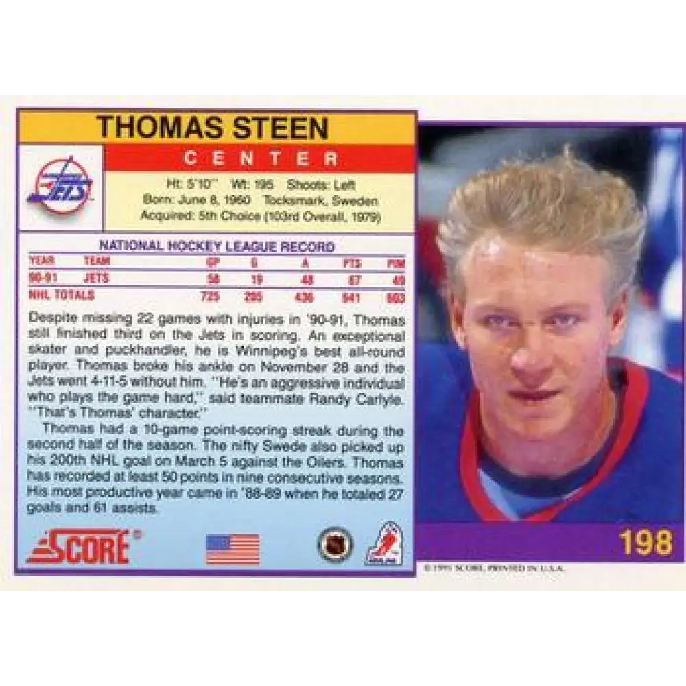 1991-92 Score American #198 Thomas Steen NM-MT Winnipeg Jets Hockey Card Image 2