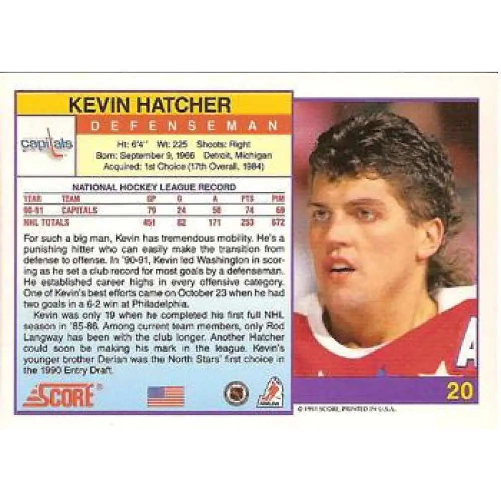 1991-92 Score American #20 Kevin Hatcher NM-MT Washington Capitals Hockey Card Image 2