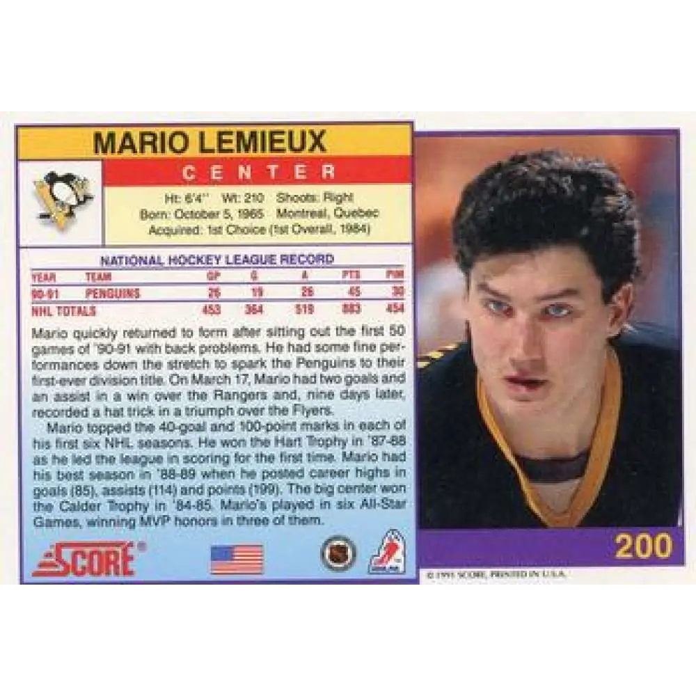 1991-92 Score American #200 Mario Lemieux NM-MT Pittsburgh Penguins Hockey Card Image 2