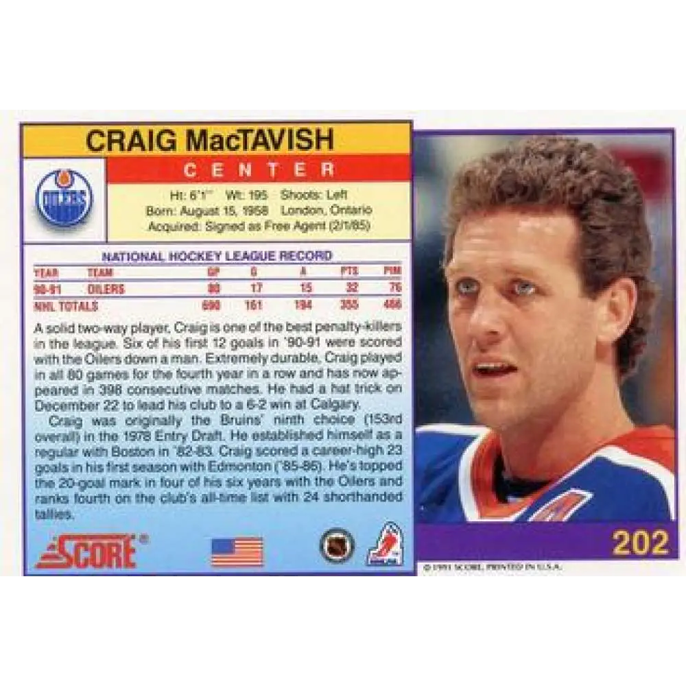 1991-92 Score American #202 Craig MacTavish NM-MT Edmonton Oilers Hockey Card Image 2