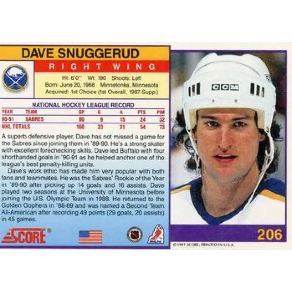 1991-92 Score American #206 Dave Snuggerud NM-MT Buffalo Sabres Hockey Card Image 2
