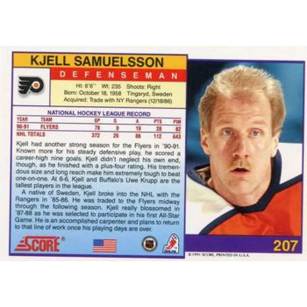 1991-92 Score American #207 Kjell Samuelsson NM-MT Philadelphia Flyers Hockey Card Image 2