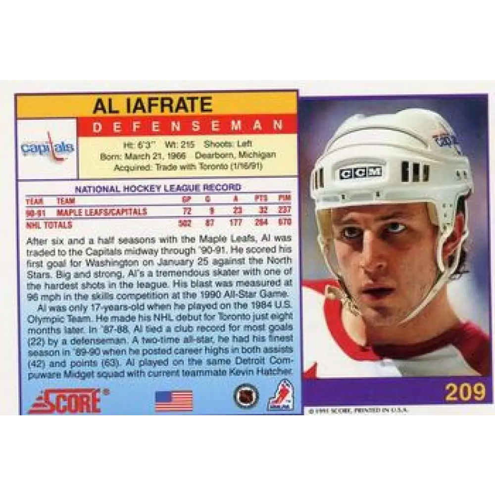 1991-92 Score American #209 Al Iafrate NM-MT Washington Capitals Hockey Card Image 2