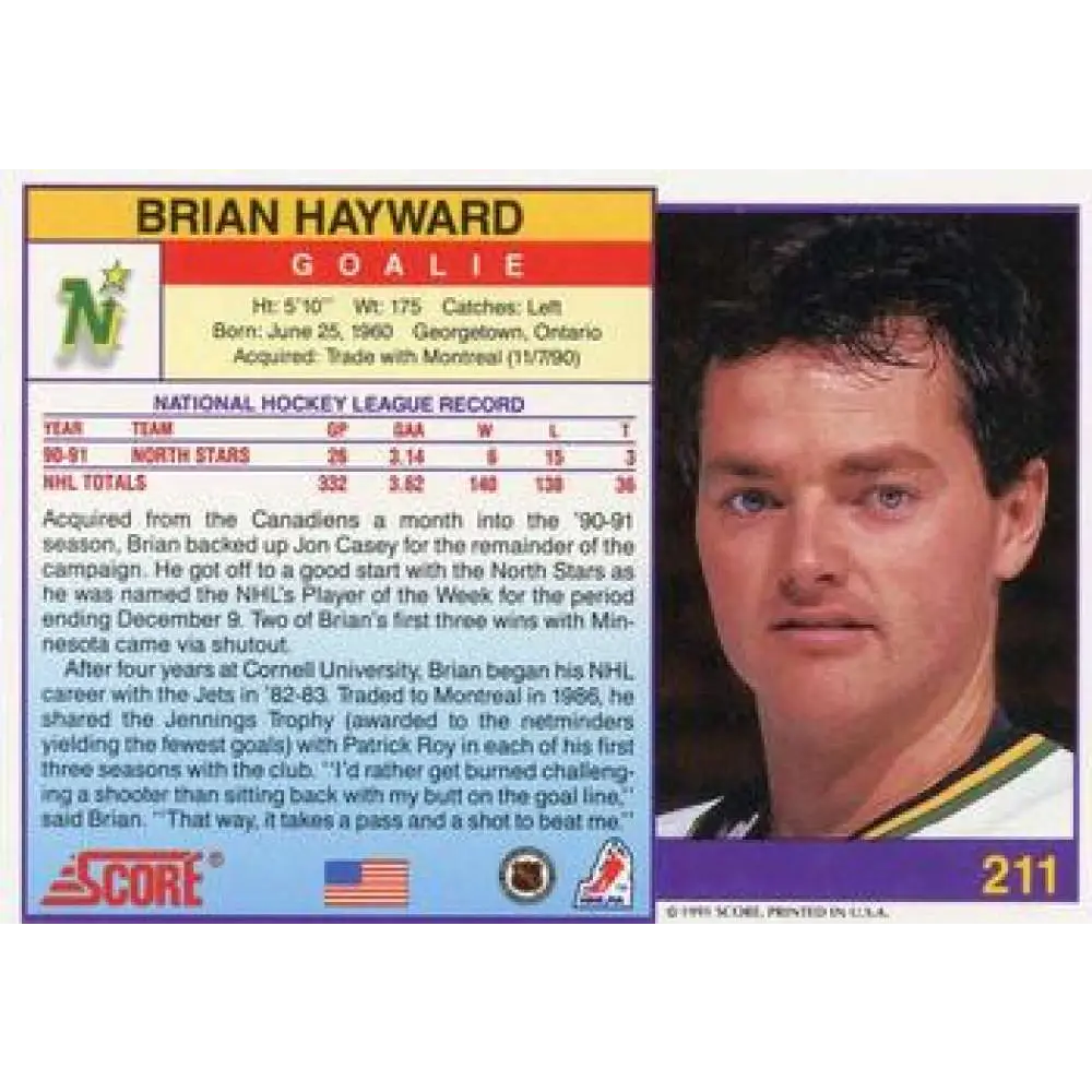 1991-92 Score American #211 Brian Hayward NM-MT Minnesota North Stars Hockey Card Image 2