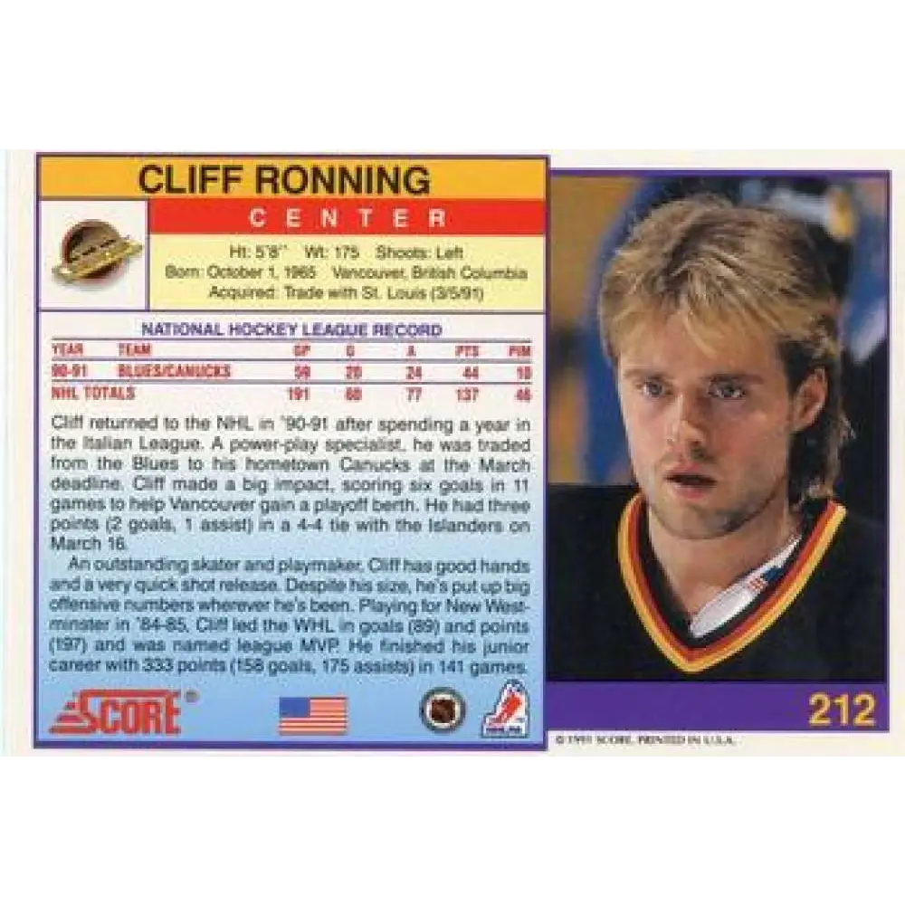 1991-92 Score American #212 Cliff Ronning NM-MT Vancouver Canucks Hockey Card Image 2