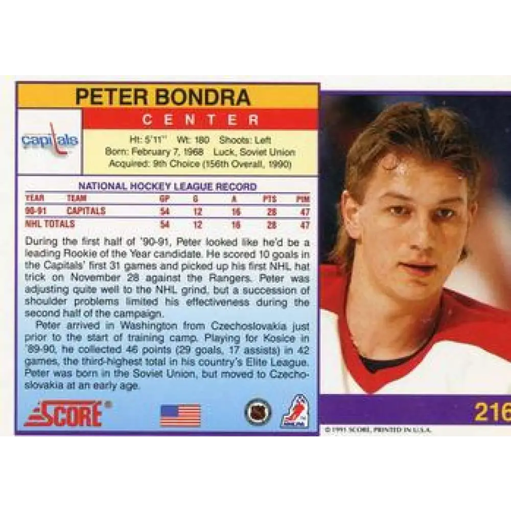 1991-92 Score American #216 Peter Bondra NM-MT Washington Capitals Hockey Card Image 2