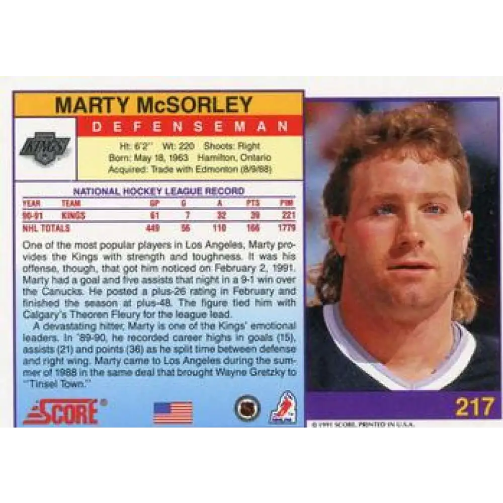 1991-92 Score American #217 Marty McSorley NM-MT Los Angeles Kings Hockey Card Image 2