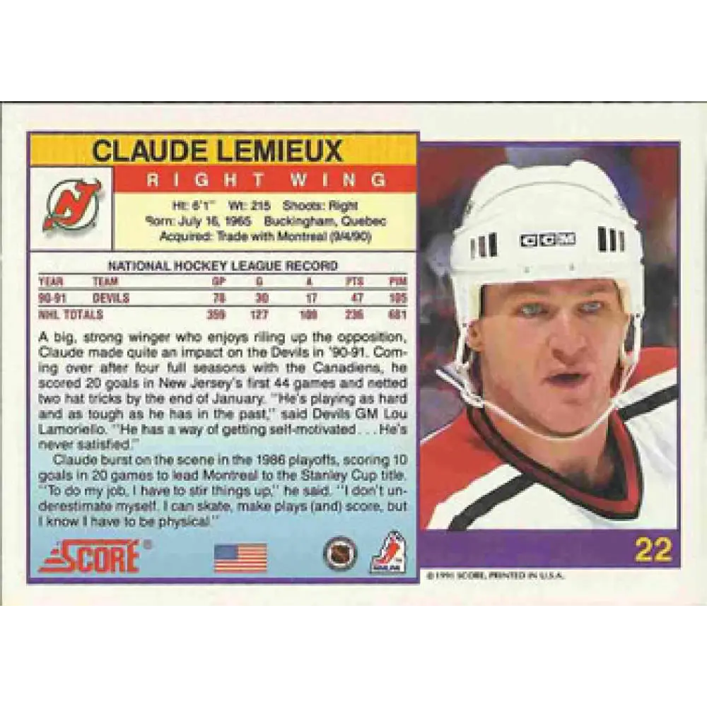 1991-92 Score American #22 Claude Lemieux NM-MT New Jersey Devils Hockey Card Image 2