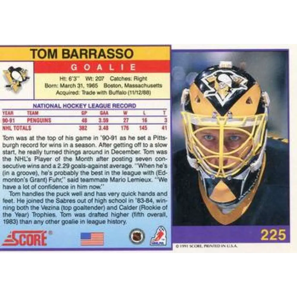 1991-92 Score American #225 Tom Barrasso NM-MT Pittsburgh Penguins Hockey Card Image 2