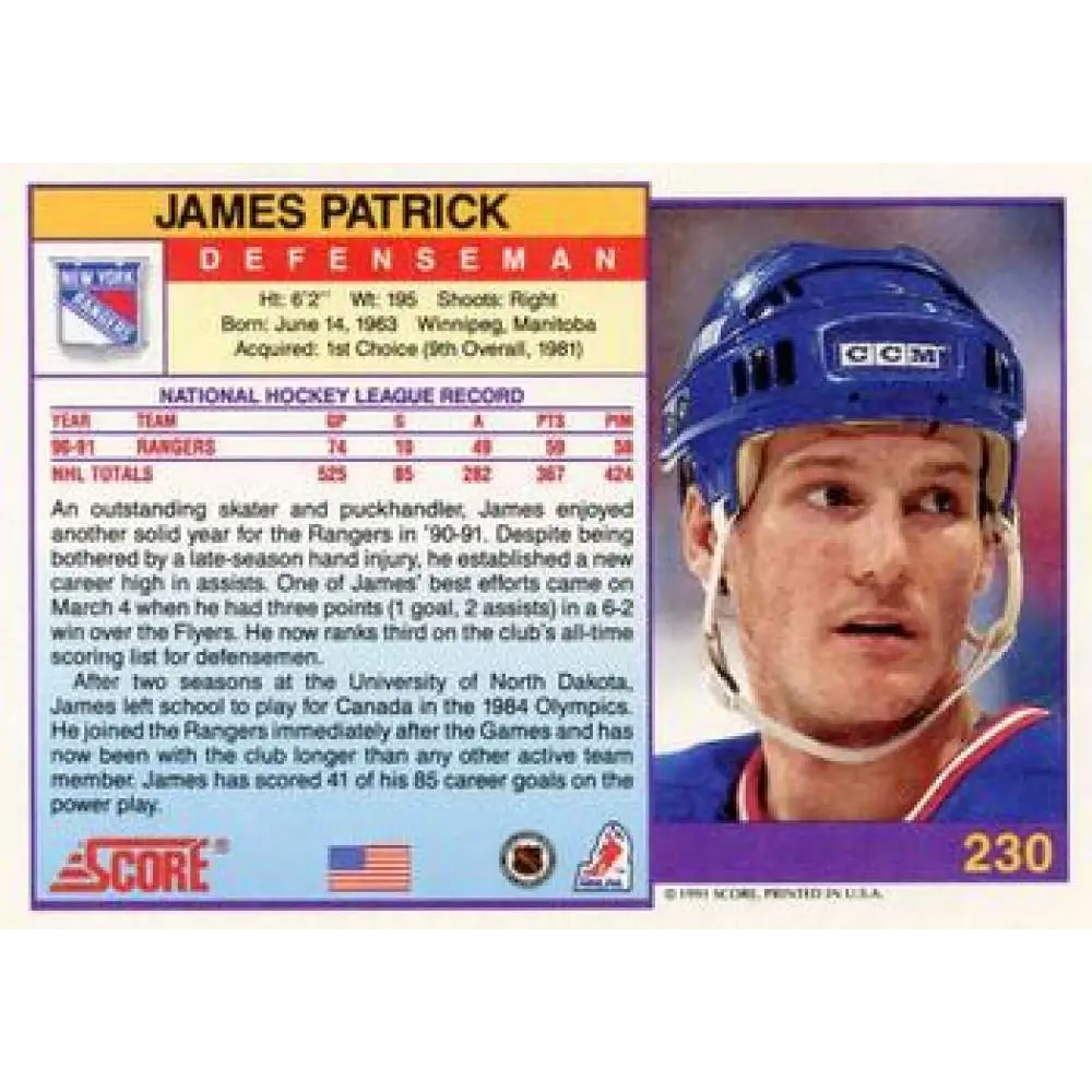 1991-92 Score American #230 James Patrick NM-MT New York Rangers Hockey Card Image 2