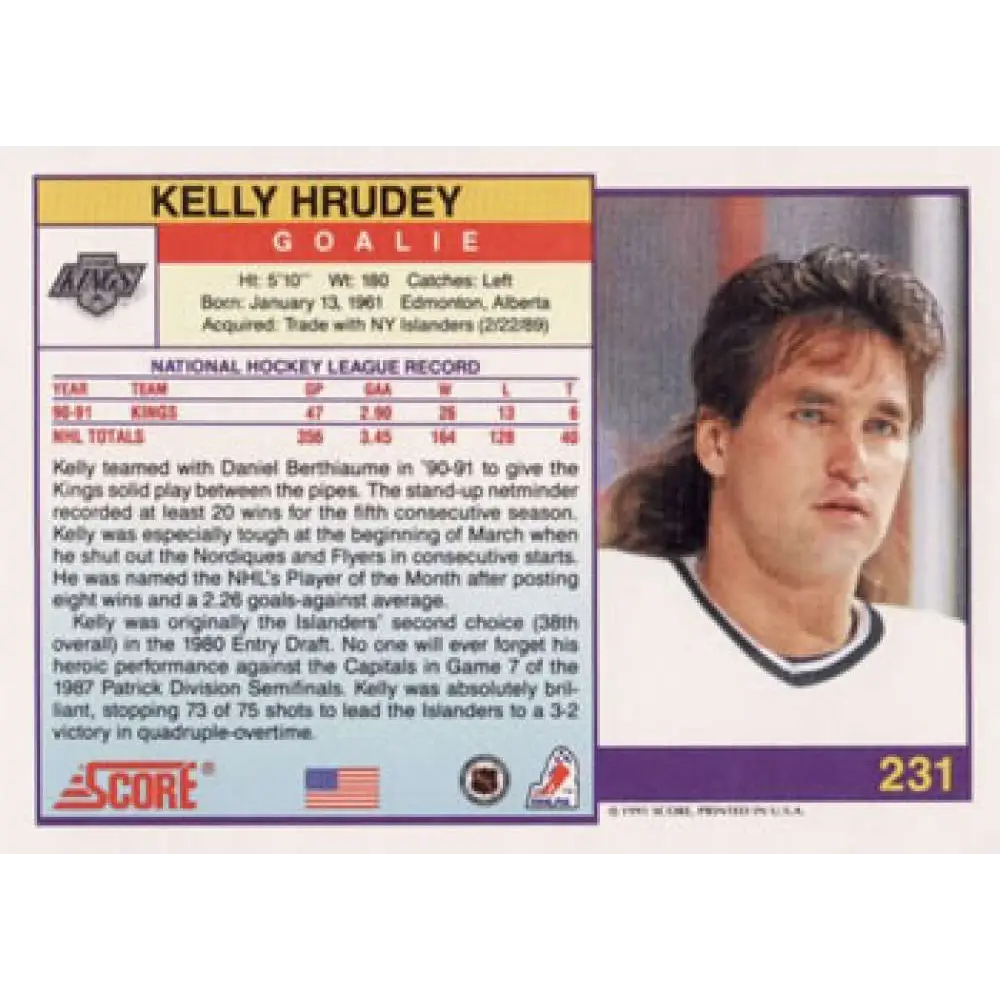 1991-92 Score American #231 Kelly Hrudey NM-MT Los Angeles Kings Hockey Card Image 2