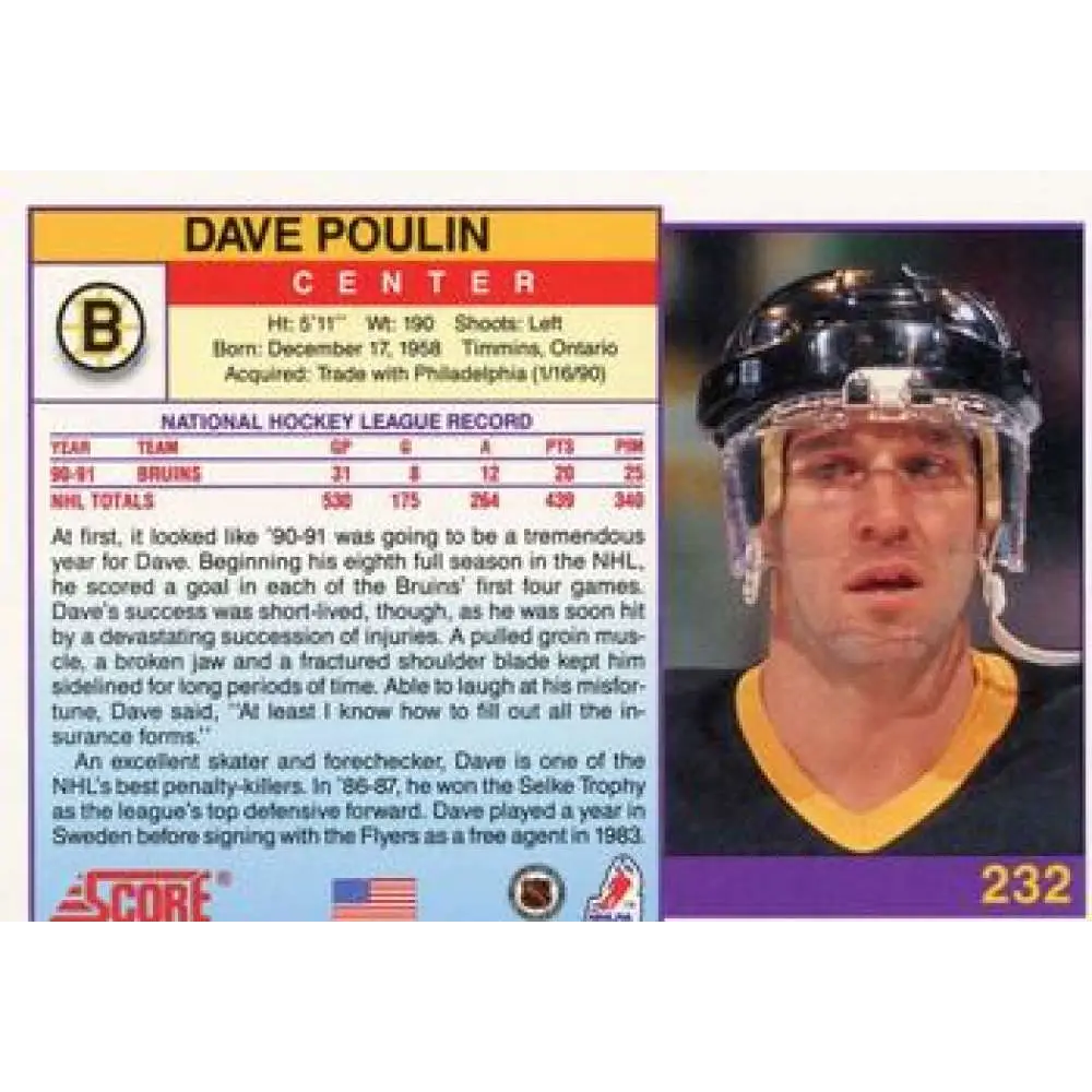1991-92 Score American #232 Dave Poulin NM-MT Boston Bruins Hockey Card Image 2