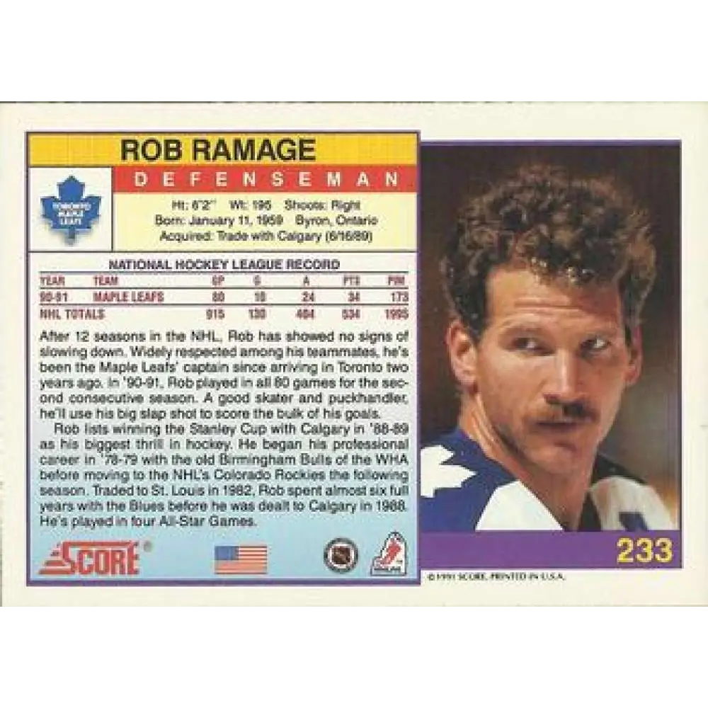1991-92 Score American #233 Rob Ramage NM-MT Toronto Maple Leafs Hockey Card Image 2