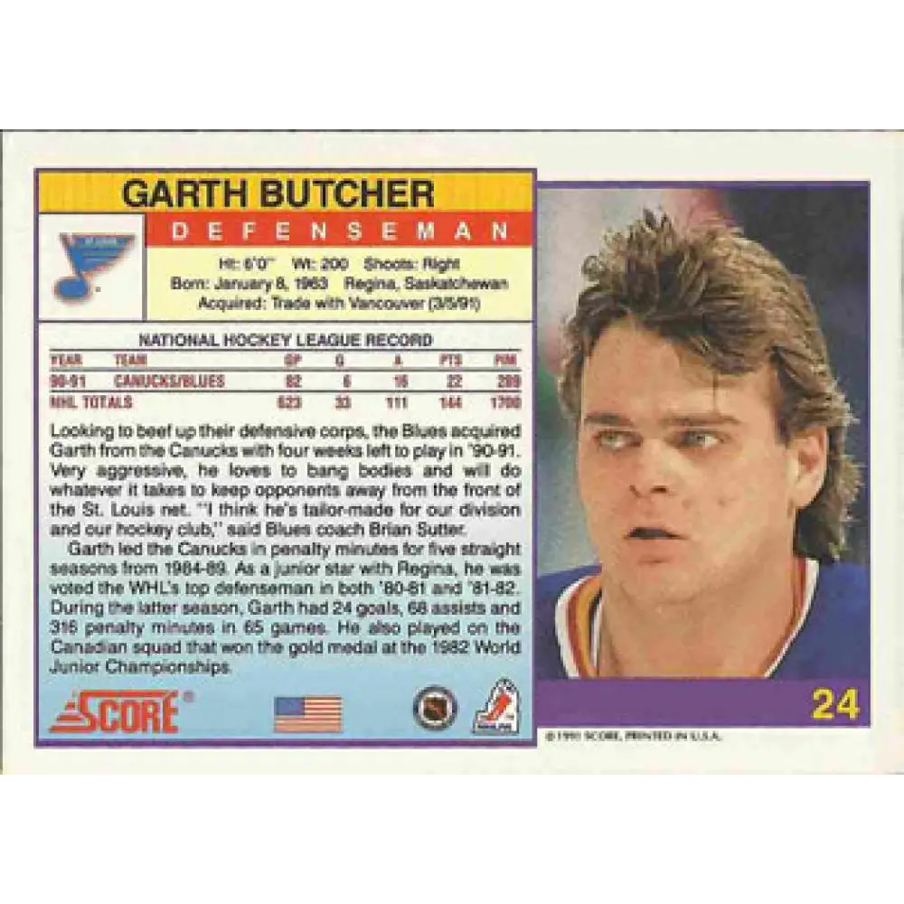 1991-92 Score American #24 Garth Butcher NM-MT St. Louis Blues Hockey Card Image 2