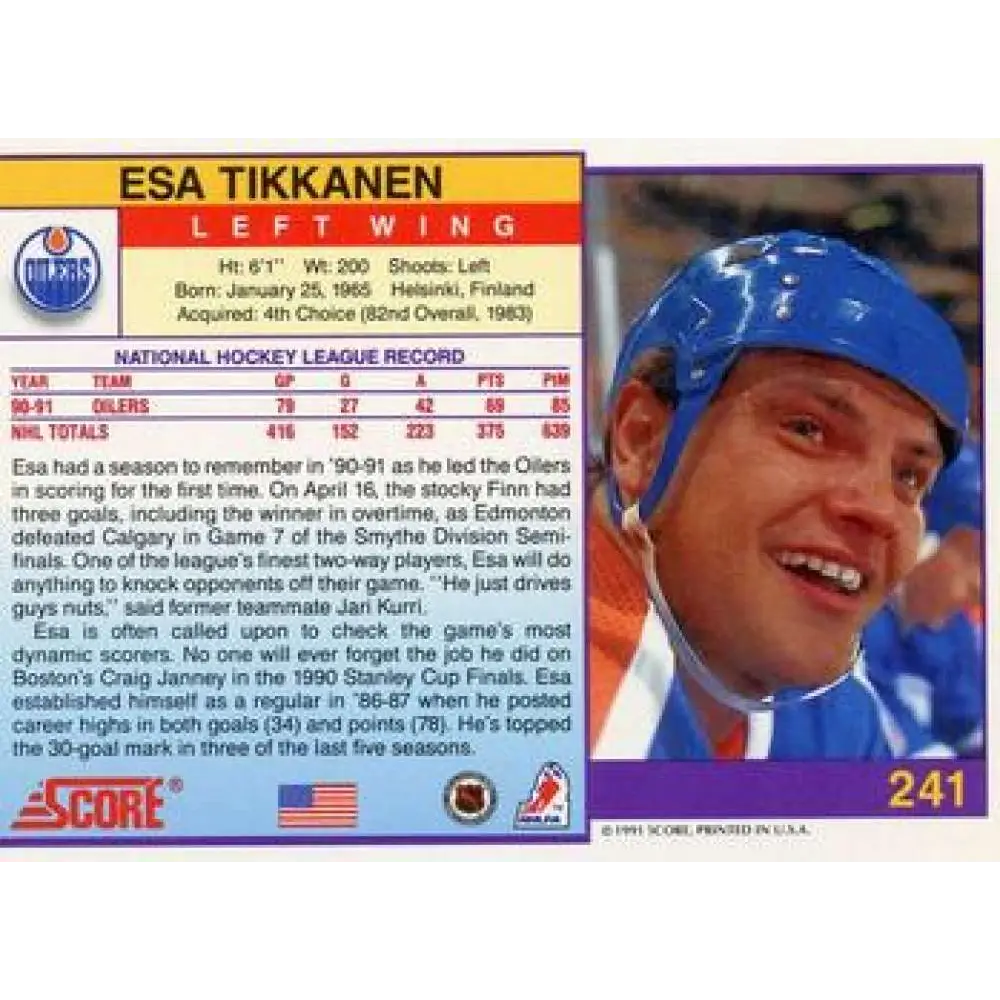 1991-92 Score American #241 Esa Tikkanen NM-MT Edmonton Oilers Hockey Card Image 2