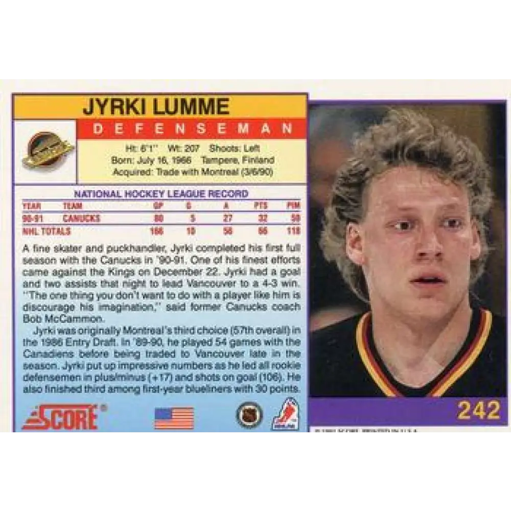 1991-92 Score American #242 Jyrki Lumme NM-MT Vancouver Canucks Hockey Card Image 2