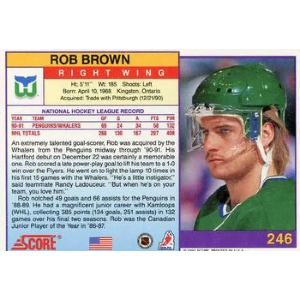 1991-92 Score American #246 Rob Brown NM-MT Hartford Whalers Hockey Card Image 2