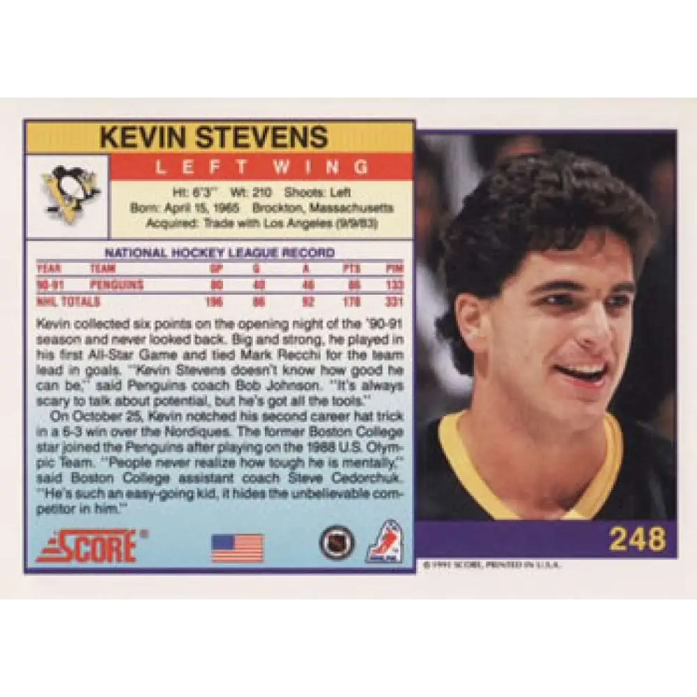 1991-92 Score American #248 Kevin Stevens NM-MT Pittsburgh Penguins Hockey Card Image 2