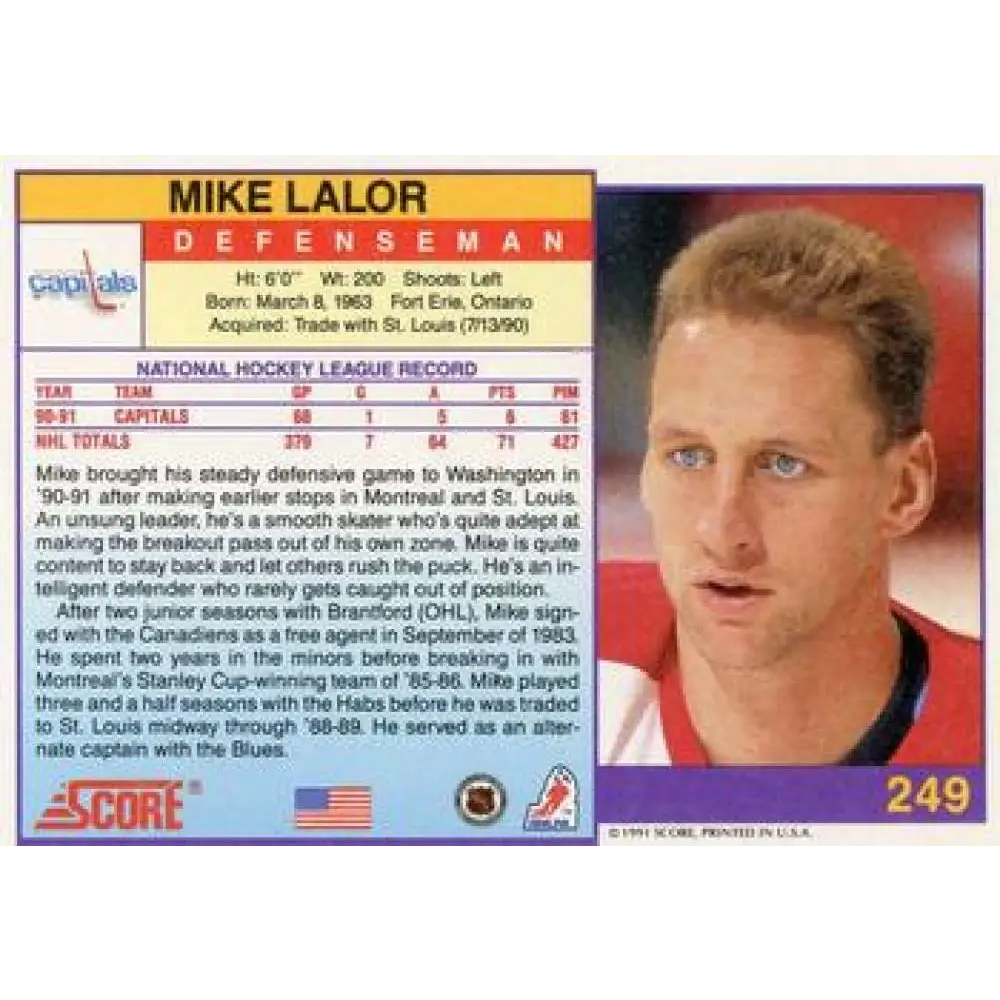 1991-92 Score American #249 Mike Lalor NM-MT Washington Capitals Hockey Card Image 2