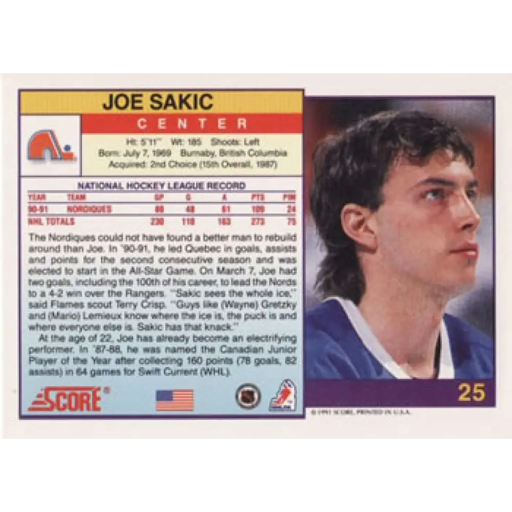 1991-92 Score American #25 Joe Sakic NM-MT Quebec Nordiques Hockey Card Image 2