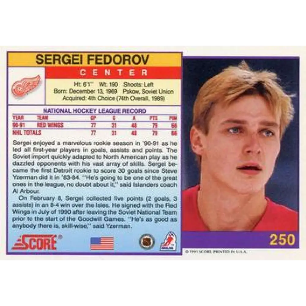 1991-92 Score American #250 Sergei Fedorov NM-MT Detroit Red Wings Hockey Card Image 2