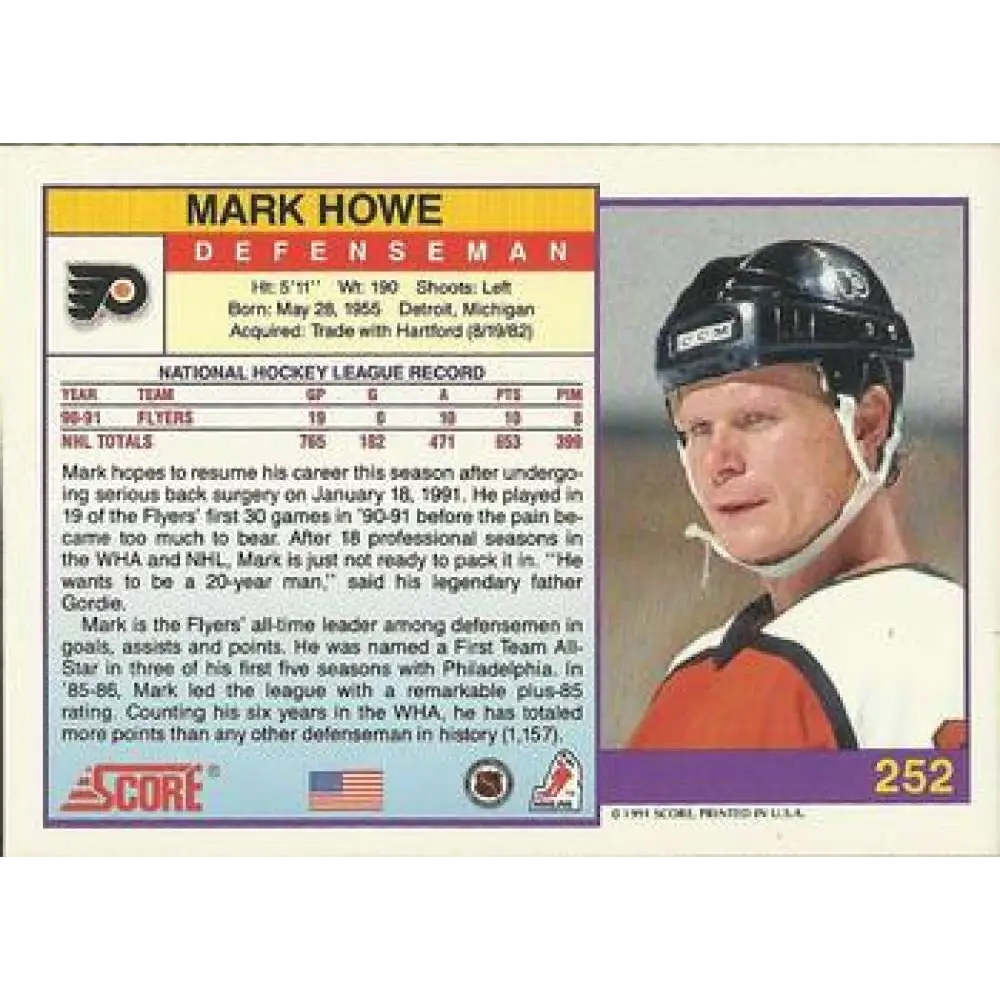 1991-92 Score American #252 Mark Howe NM-MT Philadelphia Flyers Hockey Card Image 2