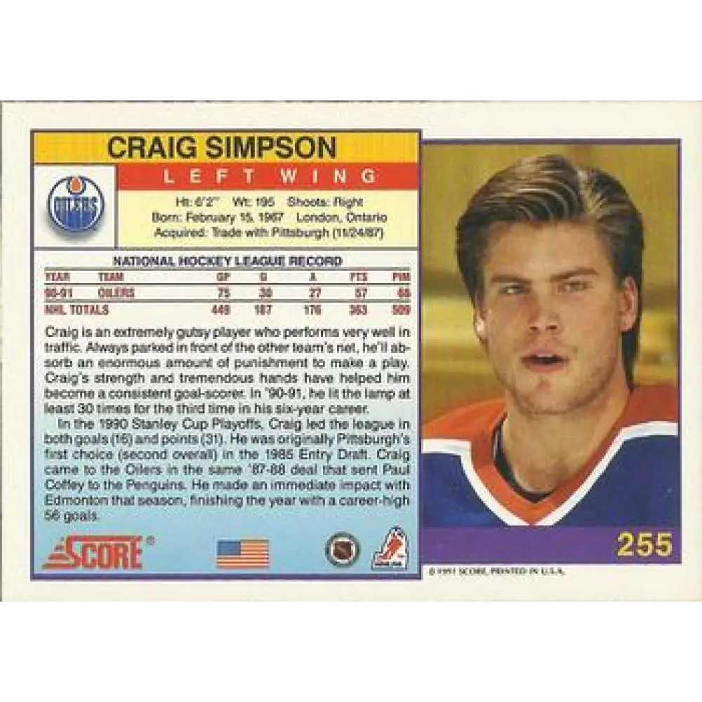 1991-92 Score American #255 Craig Simpson NM-MT Edmonton Oilers Hockey Card Image 2