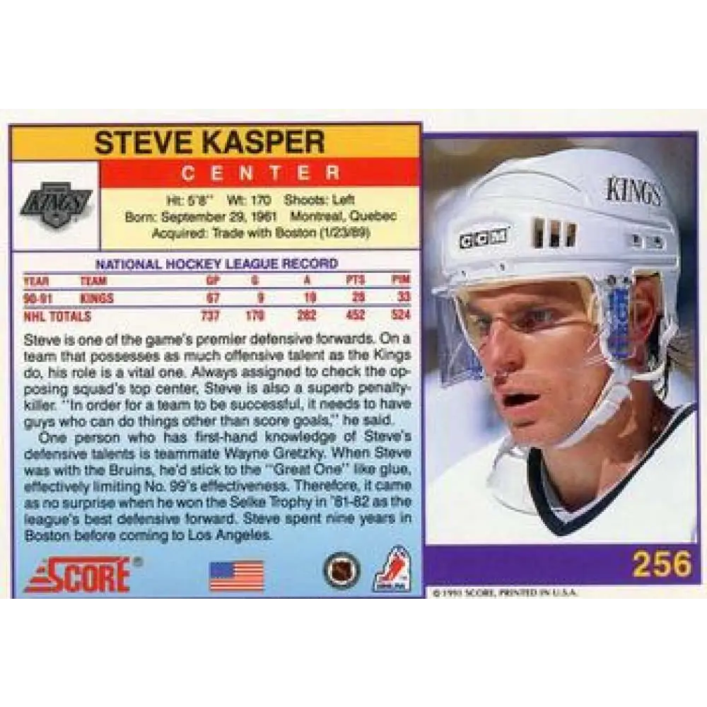 1991-92 Score American #256 Steve Kasper NM-MT Los Angeles Kings Hockey Card Image 2
