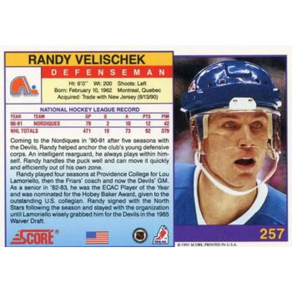 1991-92 Score American #257 Randy Velischek NM-MT Quebec Nordiques Hockey Card Image 2