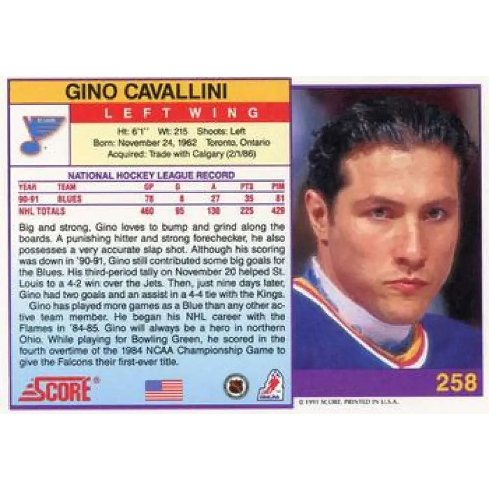 1991-92 Score American #258 Gino Cavallini NM-MT St. Louis Blues Hockey Card Image 2