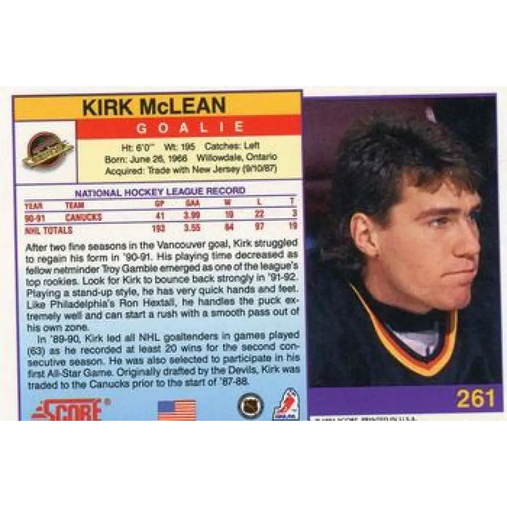 1991-92 Score American #261 Kirk McLean NM-MT Vancouver Canucks Hockey Card Image 2
