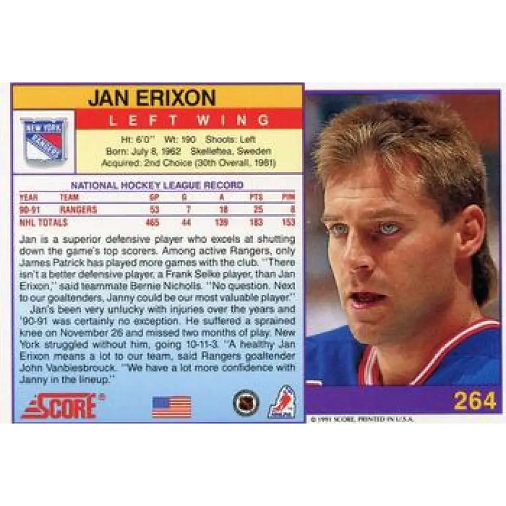 1991-92 Score American #264 Jan Erixon NM-MT New York Rangers Hockey Card Image 2