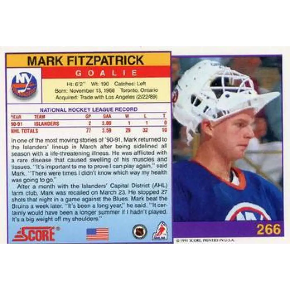 1991-92 Score American #266 Mark Fitzpatrick NM-MT New York Islanders Hockey Card Image 2