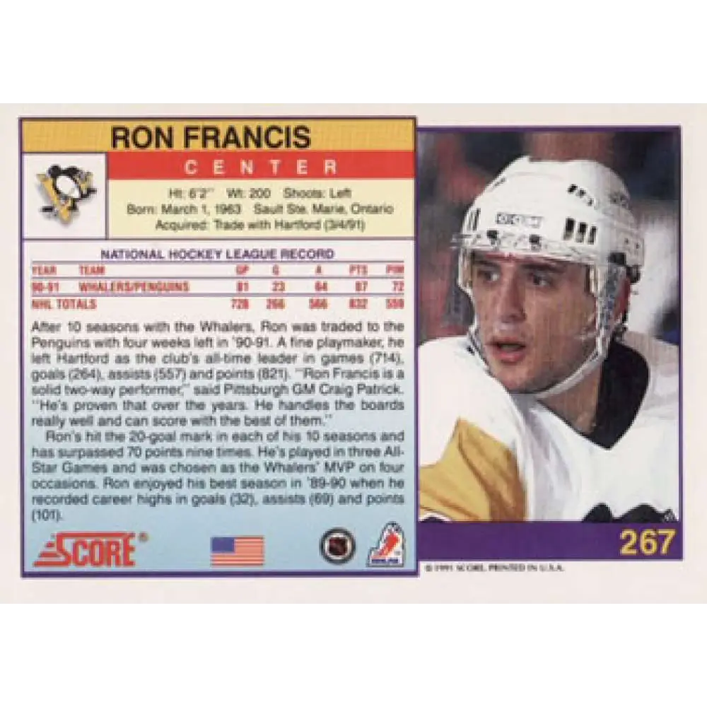 1991-92 Score American #267 Ron Francis NM-MT Pittsburgh Penguins Hockey Card Image 2