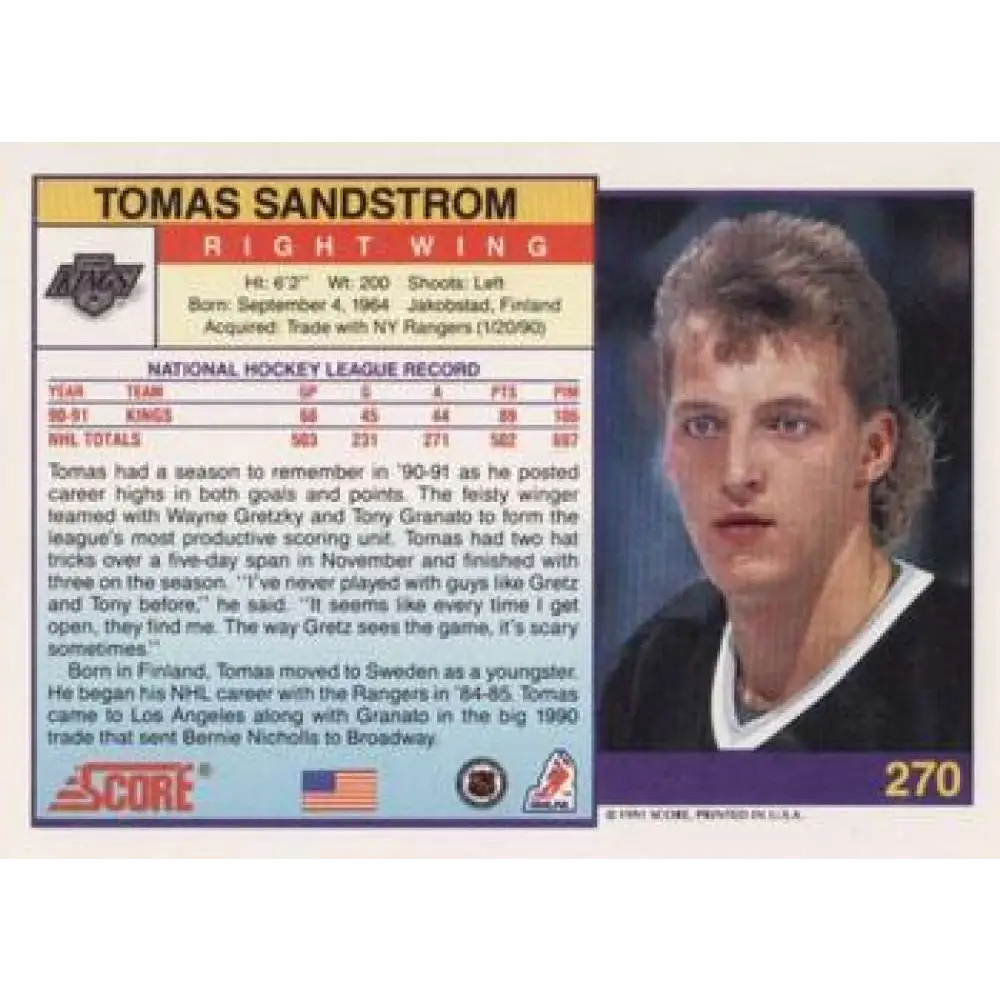 1991-92 Score American #270 Tomas Sandstrom NM-MT Los Angeles Kings Hockey Card Image 2